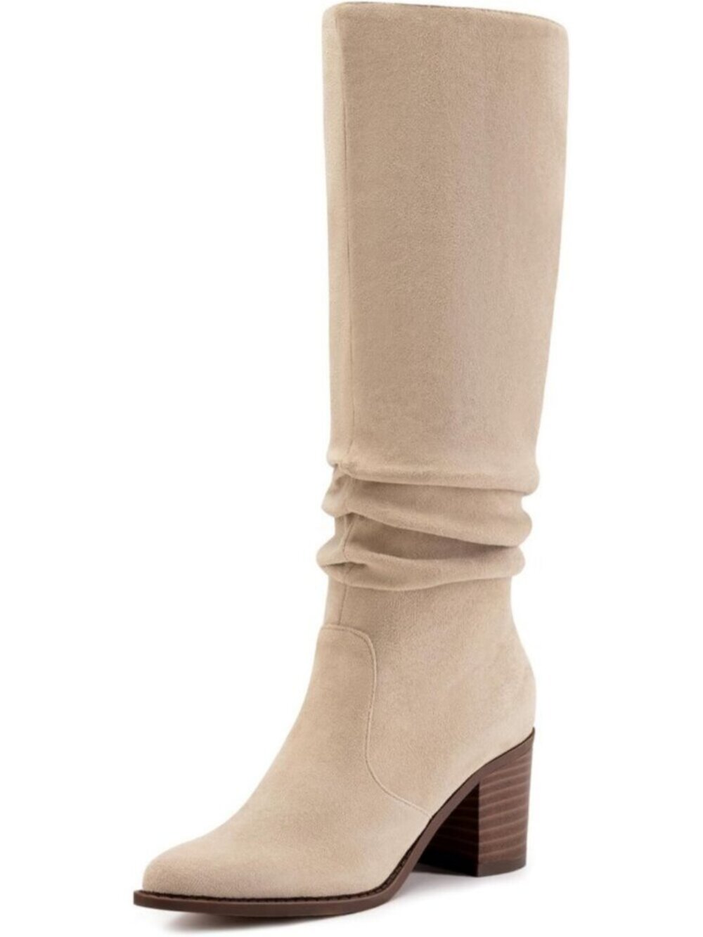 Women's Apricot Knee High Boots Chunky Heel Faux Suede Square Toe Tall Boots